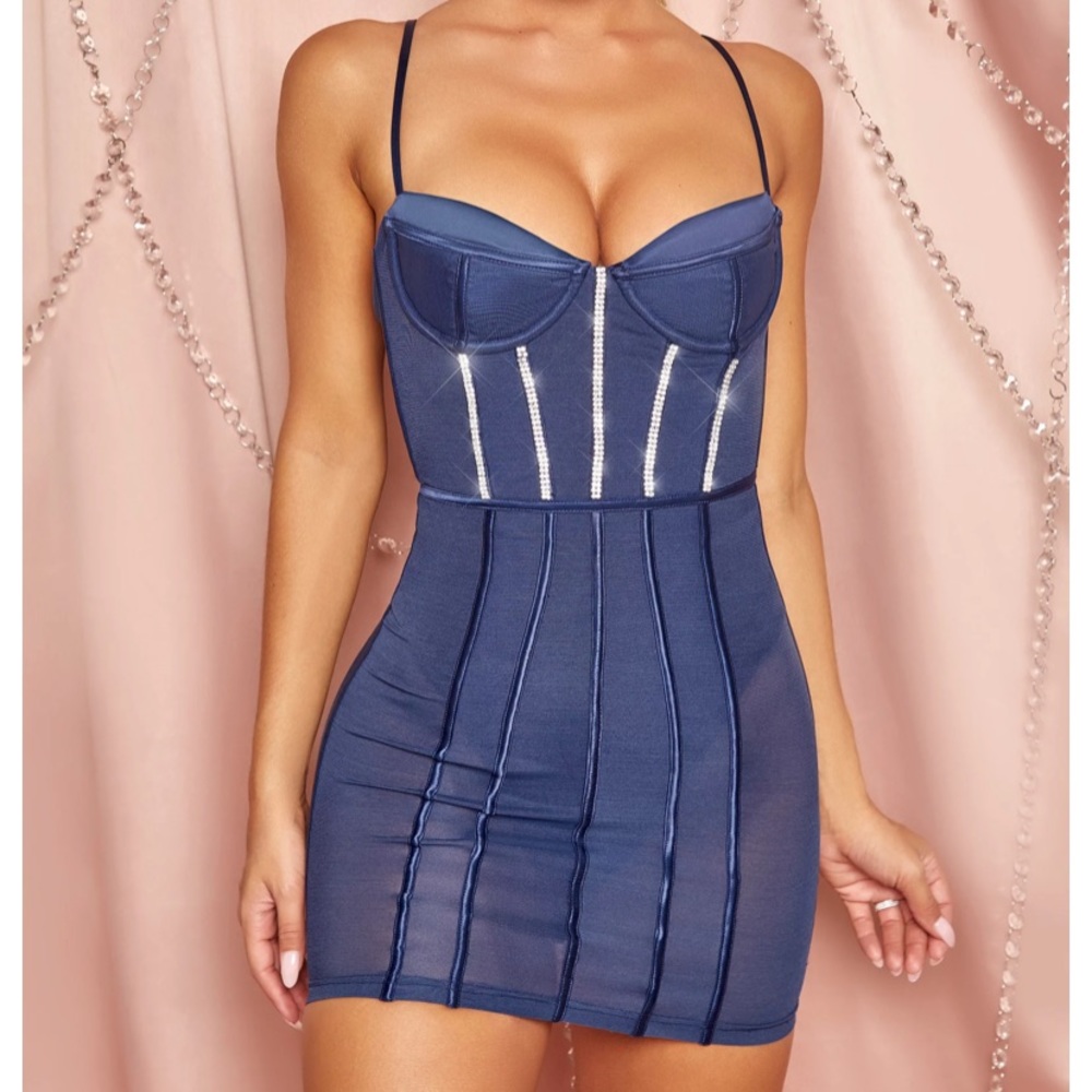 OH POLLY BODYCON EMBELLISHED MESH DRESS - NAVY